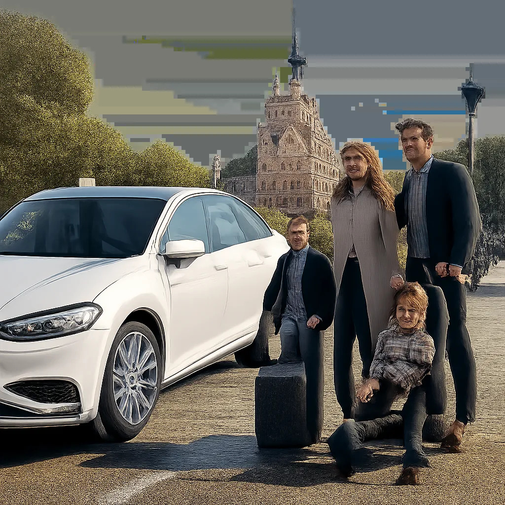 Illustration d’un taxi prêt à accueillir une famille pour un transfert vers Disneyland Paris. Ambiance moderne, rassurante et professionnelle, adaptée aux voyageurs avec bagages.