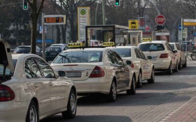 File de taxis blancs garés à une station avec leurs toits illuminés, arbres nus en arrière-plan