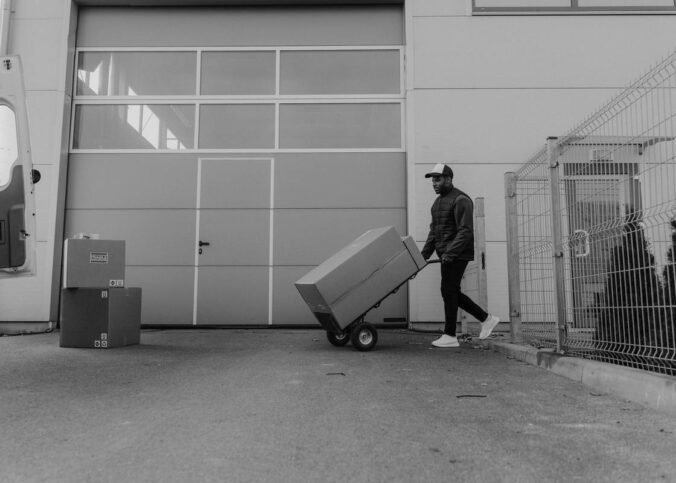 Homme pousse chariot avec carton devant entrepôt, clôture et cartons empilés à proximité