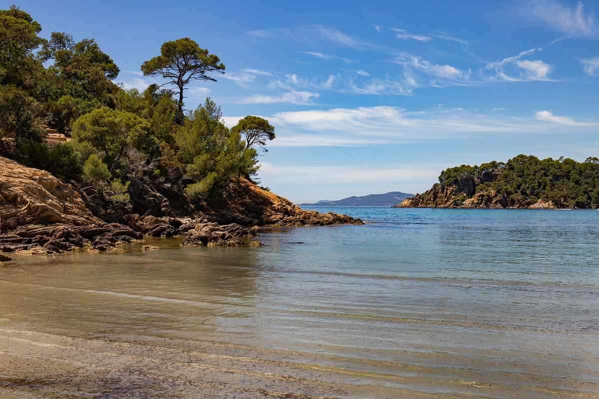 Plage rocheuse avec eau calme et végétation dense sous un ciel bleu