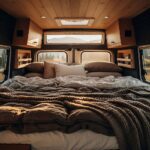 Intérieur d'un van aménagé avec lit, coussins, couvertures et fenêtres