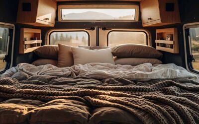 Intérieur d'un van aménagé avec lit, coussins, couvertures et fenêtres