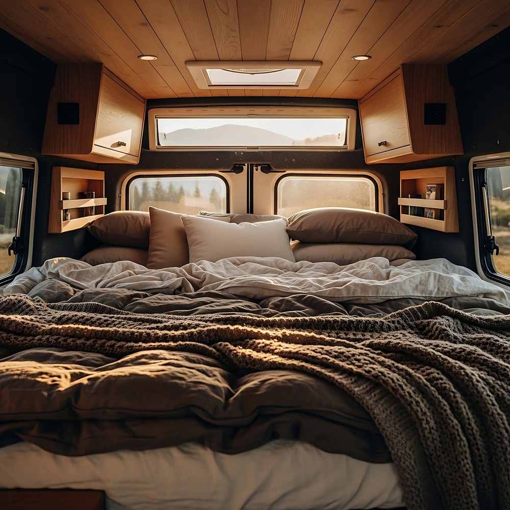 Intérieur d'un van aménagé avec lit, coussins, couvertures et fenêtres