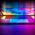 Un ordinateur portable ouvert avec écran arc-en-ciel et clavier rétroéclairé